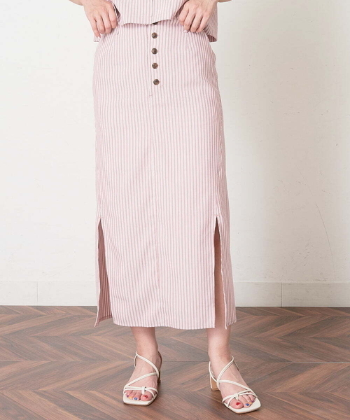 A de a.v.v（アードアー・ヴェ・ヴェ）の「［SET UP対応］ストライプサイドスリットナロースカート（スカート・レディース・ライトグレー/ピンク・38/36）」の9枚目の写真