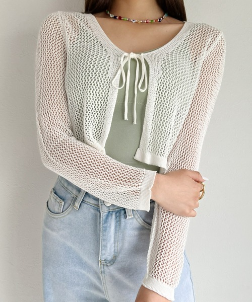 at12:03（アットイチニーゼロサン）の「メッシュニットボレロカーディガン（カーディガン/ボレロ・レディース・ホワイト/ブラック/ベージュ・FREE）」の2枚目の写真