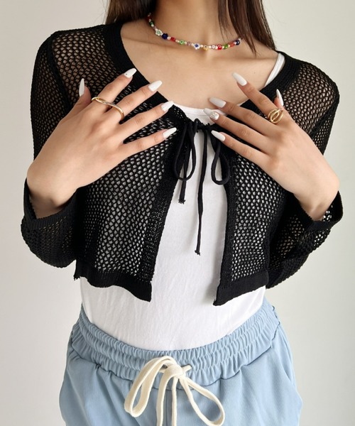 at12:03（アットイチニーゼロサン）の「メッシュニットボレロカーディガン（カーディガン/ボレロ・レディース・ホワイト/ブラック/ベージュ・FREE）」の3枚目の写真
