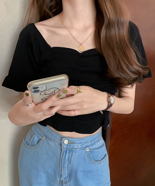 Jasmine Grandiflorum(ジャスミングランディフローラム)の「【Jasmine】スクエアネック半袖ニットギャザートップス (SS) (LV)(ニット/セーター・レディース・ホワイト/ブラック/レッド/ピンク/イエロー/グリーン・FREE)」の8枚目の写真