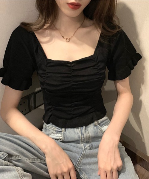 Jasmine Grandiflorum(ジャスミングランディフローラム)の「【Jasmine】スクエアネック半袖ニットギャザートップス (SS) (LV)(ニット/セーター・レディース・ホワイト/ブラック/レッド/ピンク/イエロー/グリーン・FREE)」の12枚目の写真