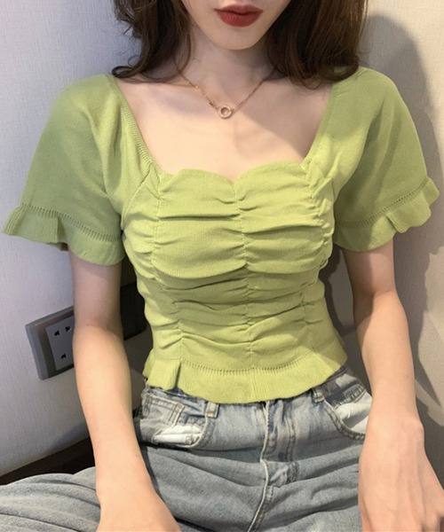 Jasmine Grandiflorum(ジャスミングランディフローラム)の「【Jasmine】スクエアネック半袖ニットギャザートップス (SS) (LV)(ニット/セーター・レディース・ホワイト/ブラック/レッド/ピンク/イエロー/グリーン・FREE)」の21枚目の写真