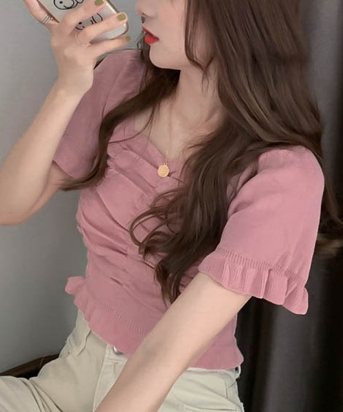 Jasmine Grandiflorum(ジャスミングランディフローラム)の「【Jasmine】スクエアネック半袖ニットギャザートップス (SS) (LV)(ニット/セーター・レディース・ホワイト/ブラック/レッド/ピンク/イエロー/グリーン・FREE)」の16枚目の写真