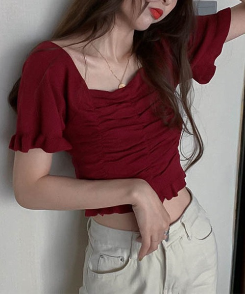 Jasmine Grandiflorum(ジャスミングランディフローラム)の「【Jasmine】スクエアネック半袖ニットギャザートップス (SS) (LV)(ニット/セーター・レディース・ホワイト/ブラック/レッド/ピンク/イエロー/グリーン・FREE)」の22枚目の写真
