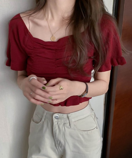 Jasmine Grandiflorum(ジャスミングランディフローラム)の「【Jasmine】スクエアネック半袖ニットギャザートップス (SS) (LV)(ニット/セーター・レディース・ホワイト/ブラック/レッド/ピンク/イエロー/グリーン・FREE)」の10枚目の写真