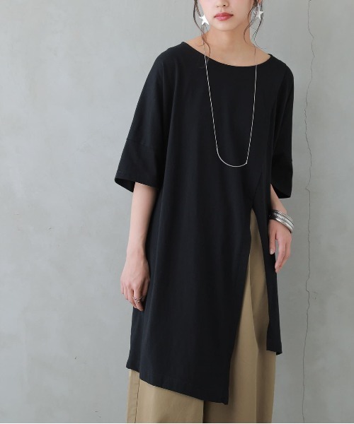 n'OrLABEL(ノアールレーベル)の「【廃盤】『アシメスリットチュニックカットソー』(Tシャツ/カットソー・レディース・ブラック/オフホワイト/ピンク/ミント・FREE)」の1枚目の写真