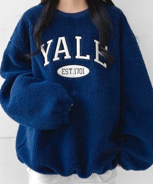 Dalfwin(ダールフィン)の「2022 AW 秋冬 韓国ファッション ボア スウェット レディース YALE刺繍ロゴボアスウェット フリーストップス(スウェット・レディース・ブラック/ホワイト/ネイビー・FREE)」の3枚目の写真