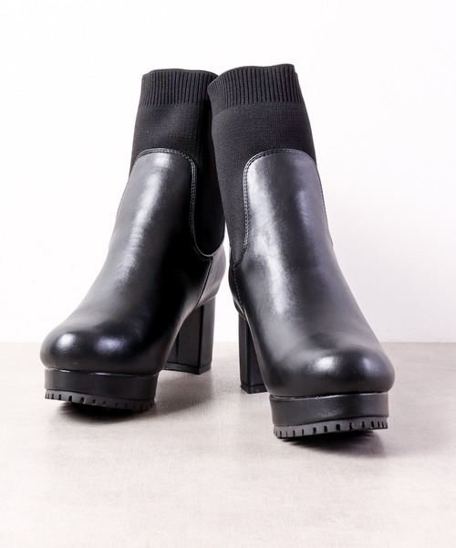 【セール】LibertyDoll リブニットソックス コマンドタンクソールヒールブーツ（ブーツ）｜LibertyDoll（リバティードール）