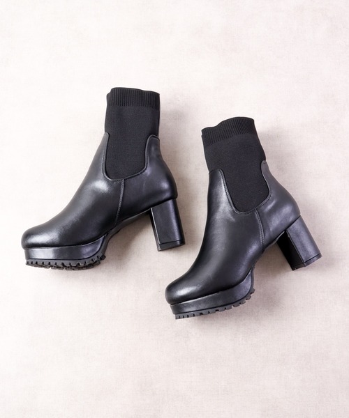 【セール】LibertyDoll リブニットソックス コマンドタンクソールヒールブーツ（ブーツ）｜LibertyDoll（リバティードール）