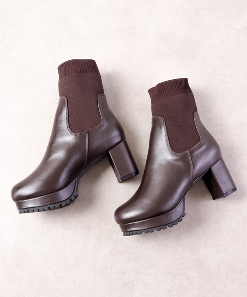 【セール】LibertyDoll リブニットソックス コマンドタンクソールヒールブーツ（ブーツ）｜LibertyDoll（リバティードール）