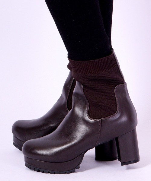 【セール】LibertyDoll リブニットソックス コマンドタンクソールヒールブーツ（ブーツ）｜LibertyDoll（リバティードール）