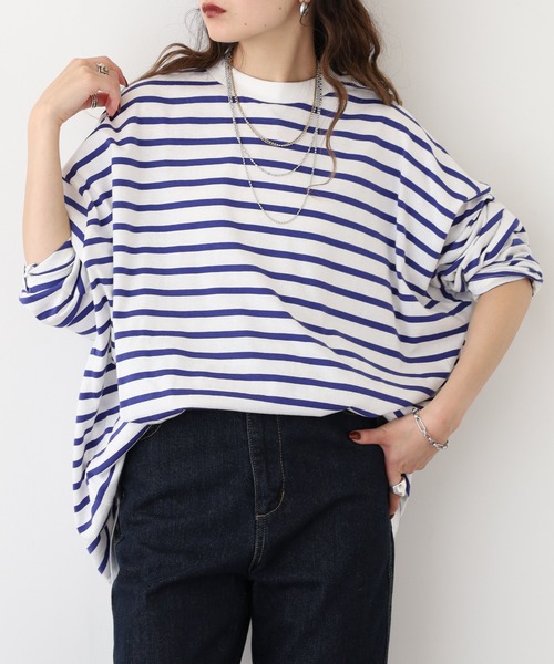 atONE(アットワン)の「atONE BIGボーダーロングスリーブ長袖Tシャツ(Tシャツ/カットソー・レディース・杢グレー/ブルー/ブラック・M-L/4L~5L/LL~3L)」の3枚目の写真