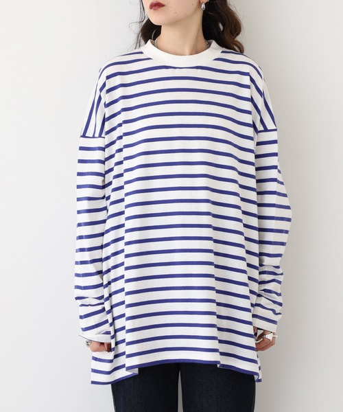 atONE(アットワン)の「atONE BIGボーダーロングスリーブ長袖Tシャツ(Tシャツ/カットソー・レディース・杢グレー/ブルー/ブラック・M-L/4L~5L/LL~3L)」の18枚目の写真