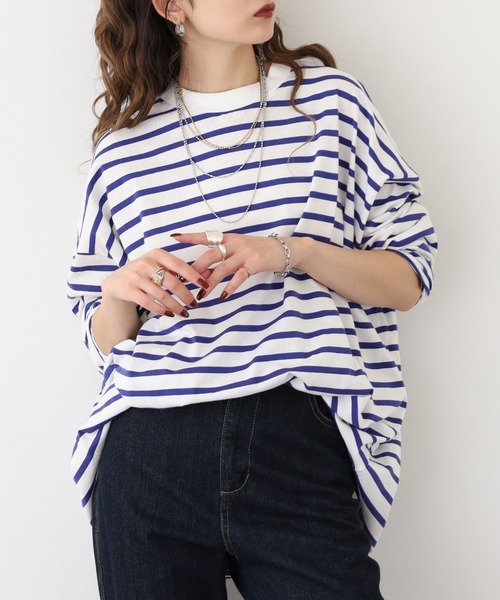 atONE(アットワン)の「atONE BIGボーダーロングスリーブ長袖Tシャツ(Tシャツ/カットソー・レディース・杢グレー/ブルー/ブラック・M-L/4L~5L/LL~3L)」の15枚目の写真