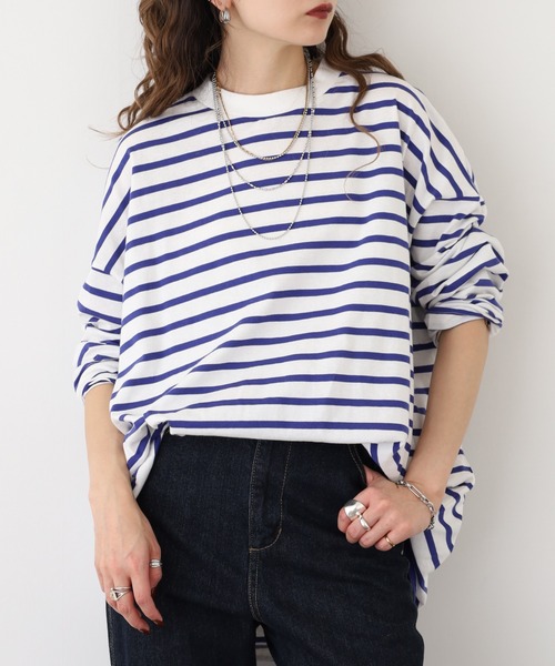 atONE(アットワン)の「atONE BIGボーダーロングスリーブ長袖Tシャツ(Tシャツ/カットソー・レディース・杢グレー/ブルー/ブラック・M-L/4L~5L/LL~3L)」の14枚目の写真