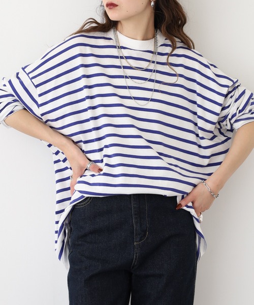 atONE(アットワン)の「atONE BIGボーダーロングスリーブ長袖Tシャツ(Tシャツ/カットソー・レディース・杢グレー/ブルー/ブラック・M-L/4L~5L/LL~3L)」の13枚目の写真