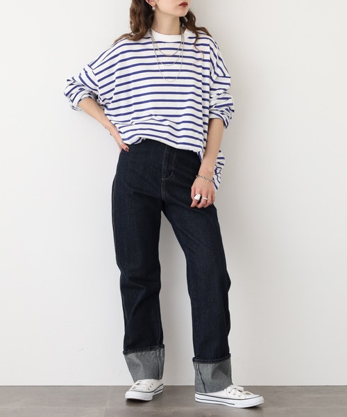 atONE(アットワン)の「atONE BIGボーダーロングスリーブ長袖Tシャツ(Tシャツ/カットソー・レディース・杢グレー/ブルー/ブラック・M-L/4L~5L/LL~3L)」の16枚目の写真