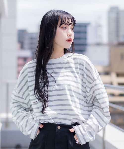 atONE(アットワン)の「atONE BIGボーダーロングスリーブ長袖Tシャツ(Tシャツ/カットソー・レディース・杢グレー/ブルー/ブラック・M-L/4L~5L/LL~3L)」の12枚目の写真