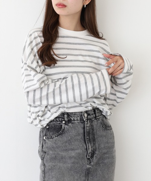 atONE(アットワン)の「atONE BIGボーダーロングスリーブ長袖Tシャツ(Tシャツ/カットソー・レディース・杢グレー/ブルー/ブラック・M-L/4L~5L/LL~3L)」の9枚目の写真