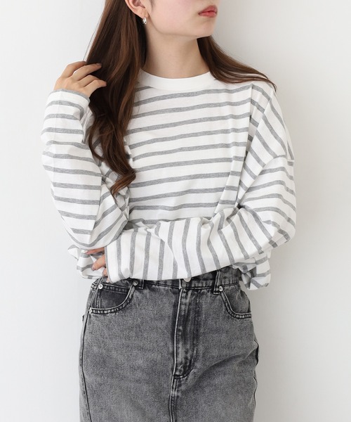 atONE(アットワン)の「atONE BIGボーダーロングスリーブ長袖Tシャツ(Tシャツ/カットソー・レディース・杢グレー/ブルー/ブラック・M-L/4L~5L/LL~3L)」の8枚目の写真