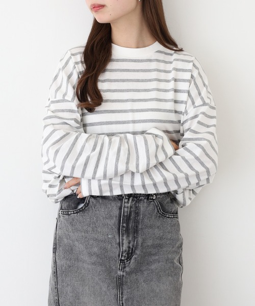 atONE(アットワン)の「atONE BIGボーダーロングスリーブ長袖Tシャツ(Tシャツ/カットソー・レディース・杢グレー/ブルー/ブラック・M-L/4L~5L/LL~3L)」の10枚目の写真