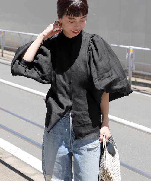 VERMEIL par iena（ヴェルメイユパーイエナ）の「クリアラミーギャザーブラウス（シャツ/ブラウス・レディース・ブルー/ブラック/ピンク・FREE）」の9枚目の写真