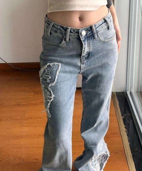 セール】新色追加/刺繍バタフライフレアデニムパンツ（デニム