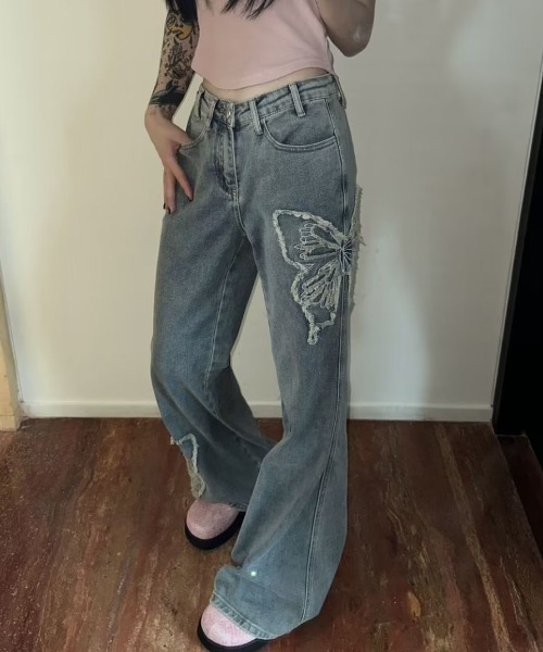 セール】新色追加/刺繍バタフライフレアデニムパンツ（デニム