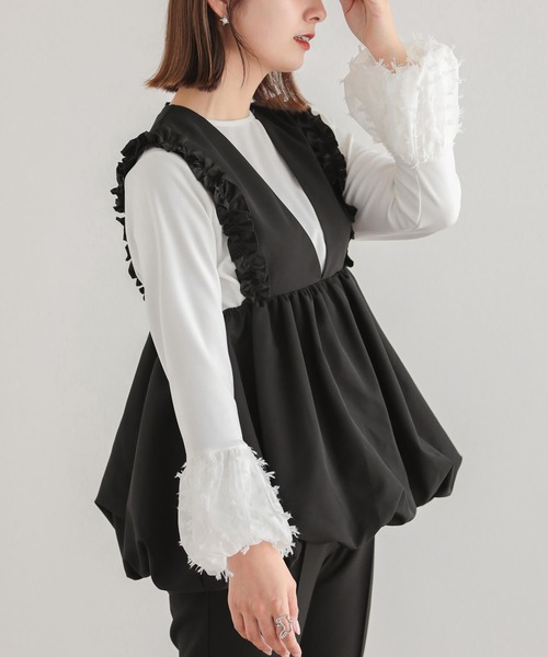 Fit more（フィットモア）の「フリンジバルーンスリーブカットソー（Tシャツ/カットソー・レディース・ブラック/ホワイト・FREE）」の3枚目の写真