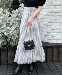 共ベルト付裾フリンジツイードマーメイドスカート