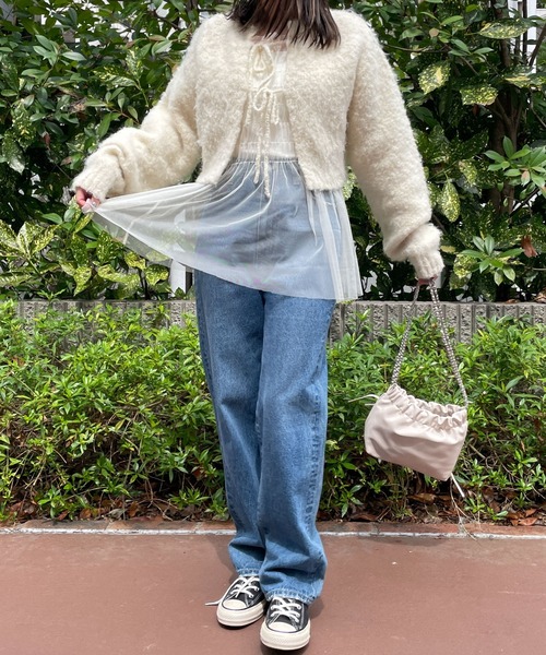 WEGO（ウィゴー）の「WEGO/シャーリングチュールチュニック（Tシャツ/カットソー・レディース・オフホワイト/ブラック・FREE）」の3枚目の写真