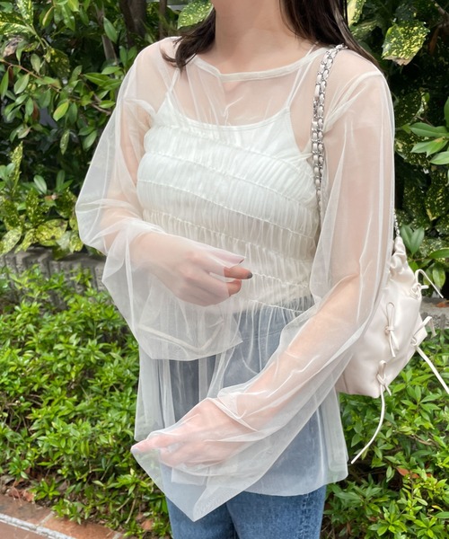 WEGO（ウィゴー）の「WEGO/シャーリングチュールチュニック（Tシャツ/カットソー・レディース・オフホワイト/ブラック・FREE）」の5枚目の写真