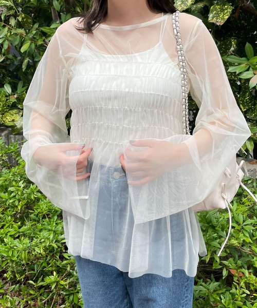 WEGO（ウィゴー）の「WEGO/シャーリングチュールチュニック（Tシャツ/カットソー・レディース・オフホワイト/ブラック・FREE）」の6枚目の写真