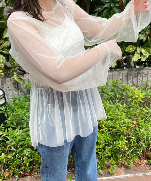 WEGO（ウィゴー）の「WEGO/シャーリングチュールチュニック（Tシャツ/カットソー・レディース・オフホワイト/ブラック・FREE）」の7枚目の写真