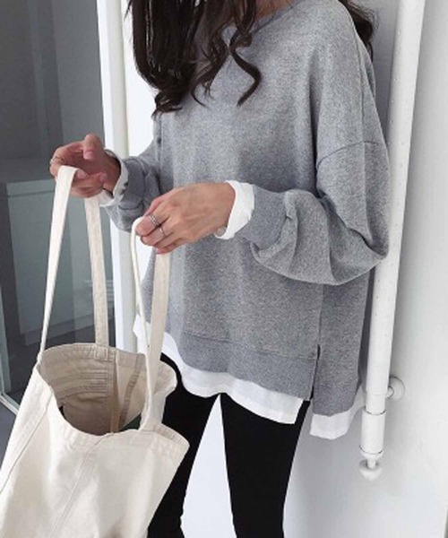 NANEA(ナネア)の「裏起毛レイヤード風プルオーバー(スウェット・レディース・ネイビー/レッド/イエロー/グレー/ブラック・LARGE/XX-LARGE/X-LARGE)」の2枚目の写真