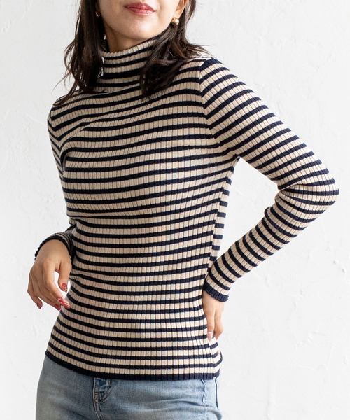 セール】ストライプ /ボーダー リブ タートルネック ニット（ニット