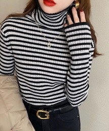 VitaFelice | ストライプ /ボーダー リブ タートルネック ニット(ニット/セーター)