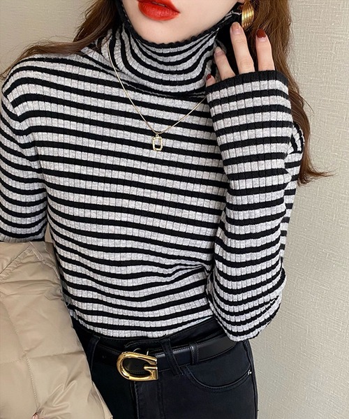 美品 ツルバイ ブラック&ホワイトストライプタートルネックニット コットンウール 美品 ツルバイ ブラック&ホワイトストライプタートルネックニット