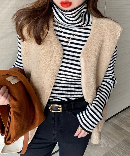 VitaFelice（ヴィータフェリーチェ）の「ストライプ /ボーダー リブ タートルネック ニット（ニット/セーター・レディース・グレー/ブラウン/グリーン/ホワイト/ネイビー/オレンジ/ダークオレンジ・FREE）」の2枚目の写真