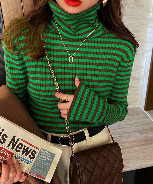 セール】ストライプ /ボーダー リブ タートルネック ニット（ニット