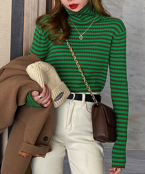 VitaFelice（ヴィータフェリーチェ）の「ストライプ /ボーダー リブ タートルネック ニット（ニット/セーター・レディース・グレー/ブラウン/グリーン/ホワイト/ネイビー/オレンジ/ダークオレンジ・FREE）」の12枚目の写真