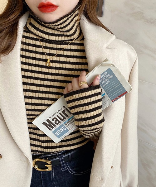 VitaFelice（ヴィータフェリーチェ）の「ストライプ /ボーダー リブ タートルネック ニット（ニット/セーター・レディース・グレー/ブラウン/グリーン/ホワイト/ネイビー/オレンジ/ダークオレンジ・FREE）」の13枚目の写真