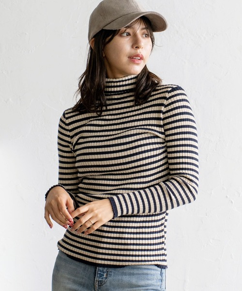 セール】ストライプ /ボーダー リブ タートルネック ニット（ニット