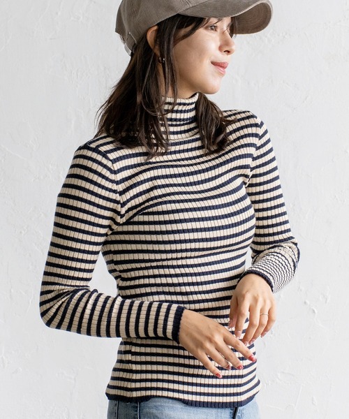 VitaFelice（ヴィータフェリーチェ）の「ストライプ /ボーダー リブ タートルネック ニット（ニット/セーター・レディース・グレー/ブラウン/グリーン/ホワイト/ネイビー/オレンジ/ダークオレンジ・FREE）」の8枚目の写真