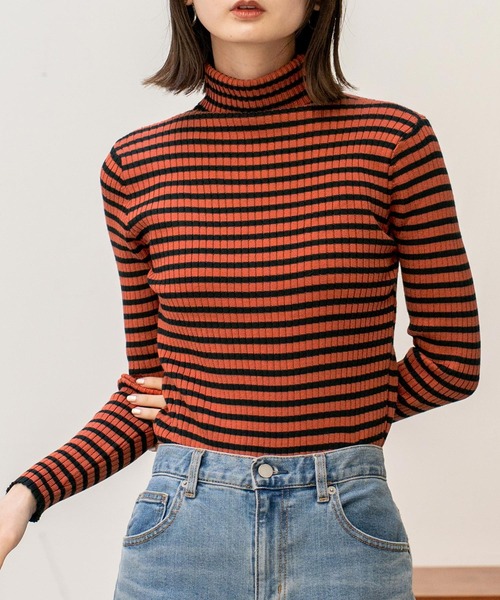 VitaFelice（ヴィータフェリーチェ）の「ストライプ /ボーダー リブ タートルネック ニット（ニット/セーター・レディース・グレー/ブラウン/グリーン/ホワイト/ネイビー/オレンジ/ダークオレンジ・FREE）」の22枚目の写真