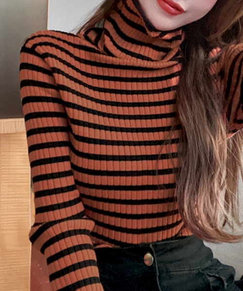 セール】ストライプ /ボーダー リブ タートルネック ニット（ニット