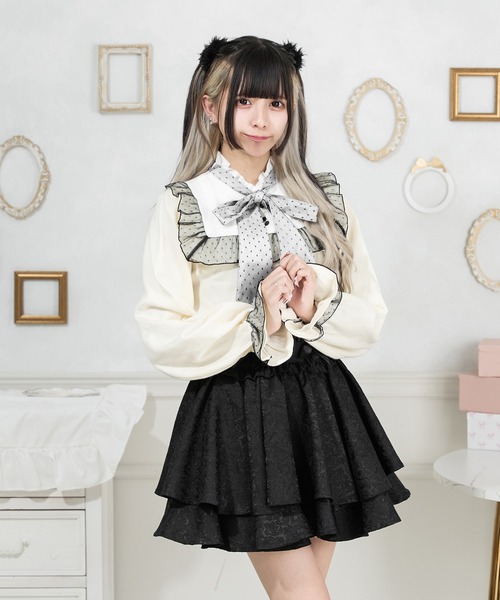 Pal elfy(パルエルフィー)の「スタンドフリル布帛コンビプルオーバー(ニット/セーター・レディース・ピンク/ブラック/オフホワイト・フリー)」の4枚目の写真