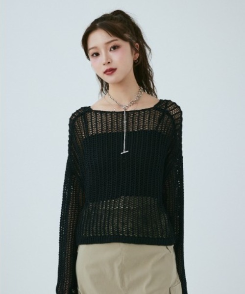 MIEL CRISHUNANT（ミエルクリシュナ）の「メッシュ透かし編みニット（ニット/セーター・レディース・ブラック/ライトベージュ・MEDIUM/SMALL）」の2枚目の写真