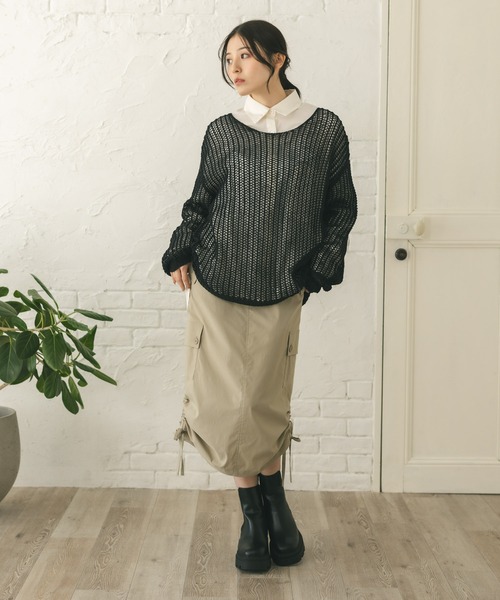 MIEL CRISHUNANT（ミエルクリシュナ）の「メッシュ透かし編みニット（ニット/セーター・レディース・ブラック/ライトベージュ・MEDIUM/SMALL）」の4枚目の写真