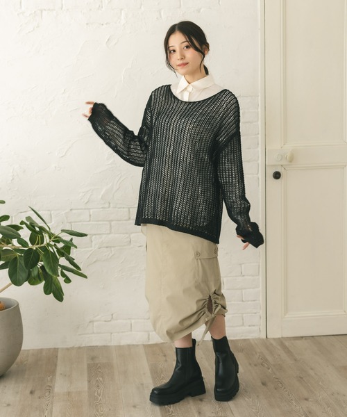 MIEL CRISHUNANT（ミエルクリシュナ）の「メッシュ透かし編みニット（ニット/セーター・レディース・ブラック/ライトベージュ・MEDIUM/SMALL）」の6枚目の写真